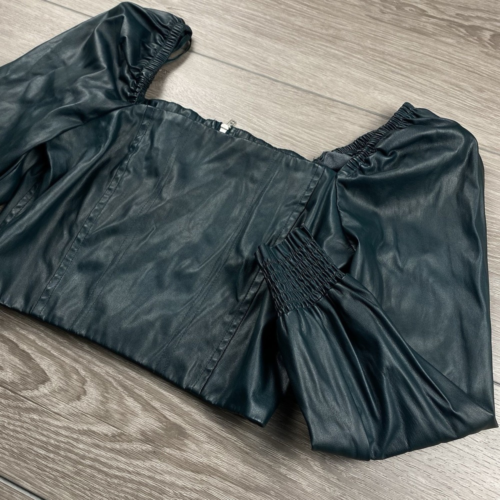 7 For All Mankind Women's Vegan Leather Blouson Sleeve‎ Crop Top Green Medium